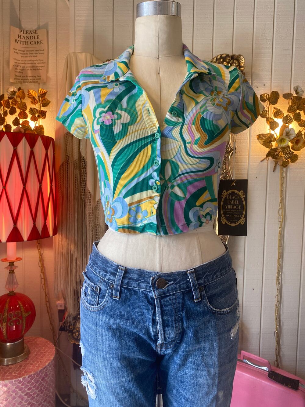 vintage y2k retro crop top, psychedelic swirl, fitted belly shirt, mod hippie s